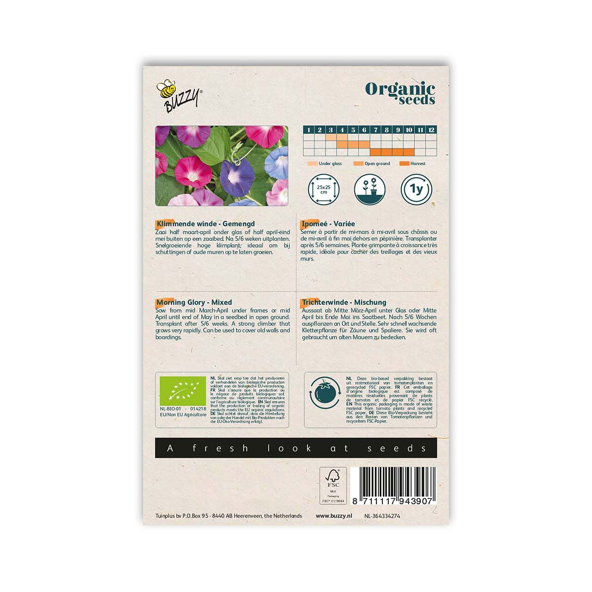 Bagside af pakke med øko Morning Glory frø blanding