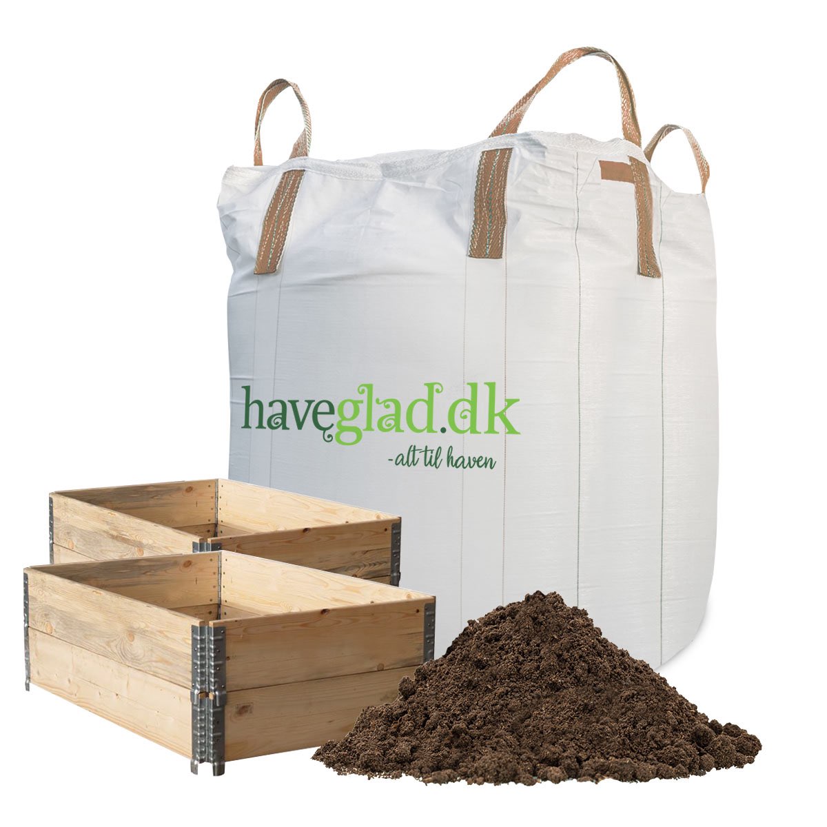 Højbedsæt i træ med jord i bigbag