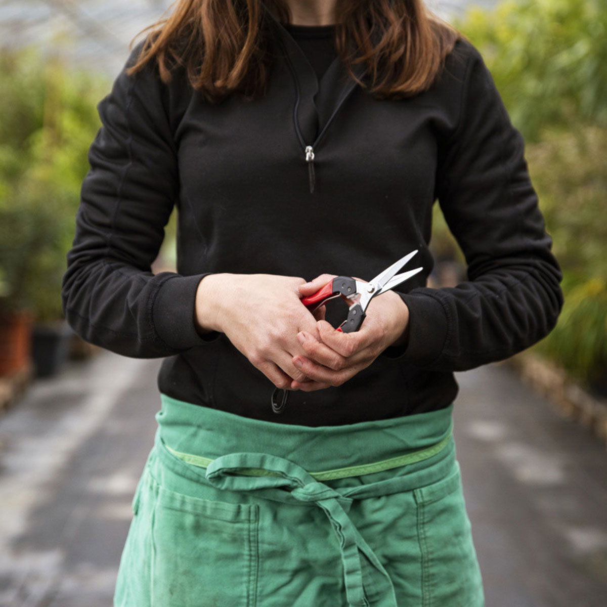 Person i drivhus holder en rød beskæresaks