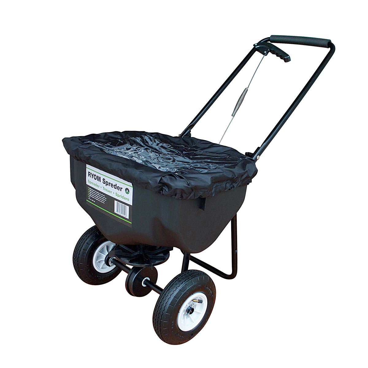 Sort RYOM gødningsspreder med låg og håndtag