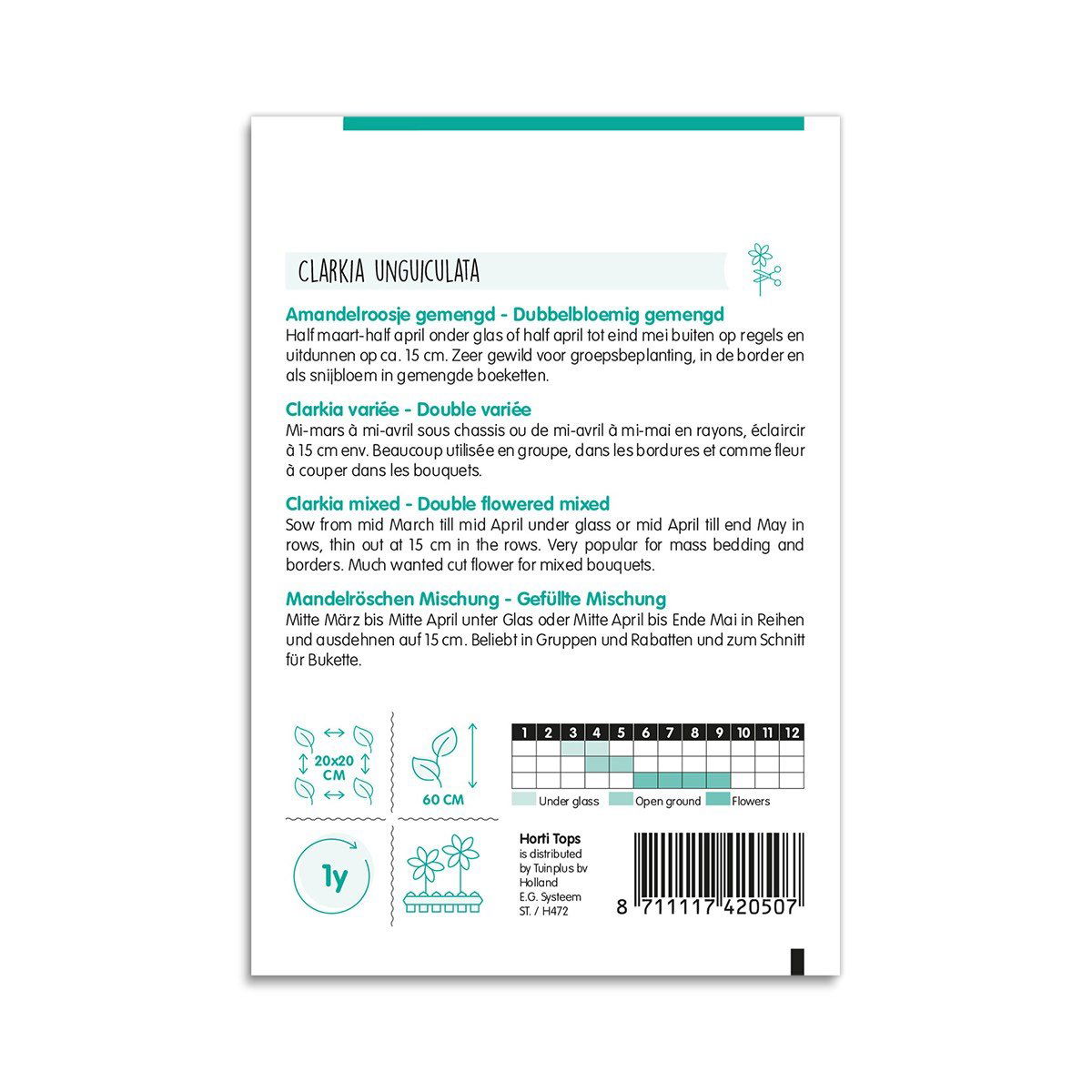 Bagside af pose med Clarkeia dobbelblomstrende frøblanding