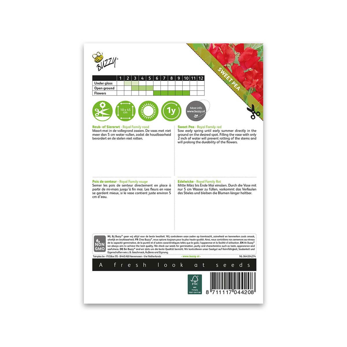 Bagside af Buzzy Sweet Pea Royal Family red frøpose