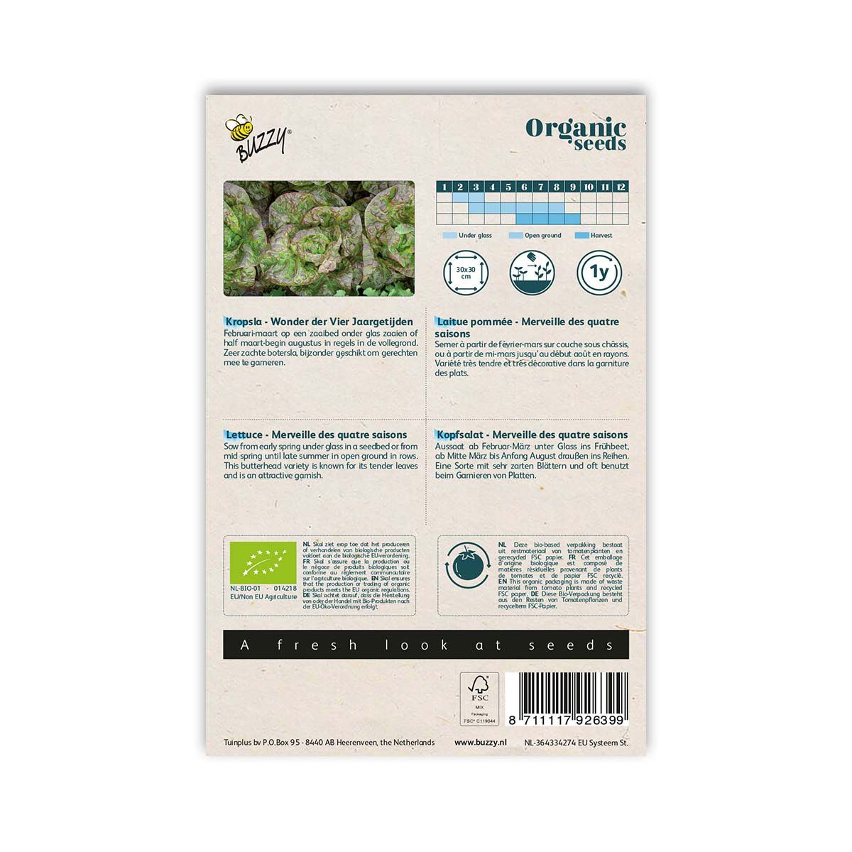 Bagside af pose med økologiske salatfrø