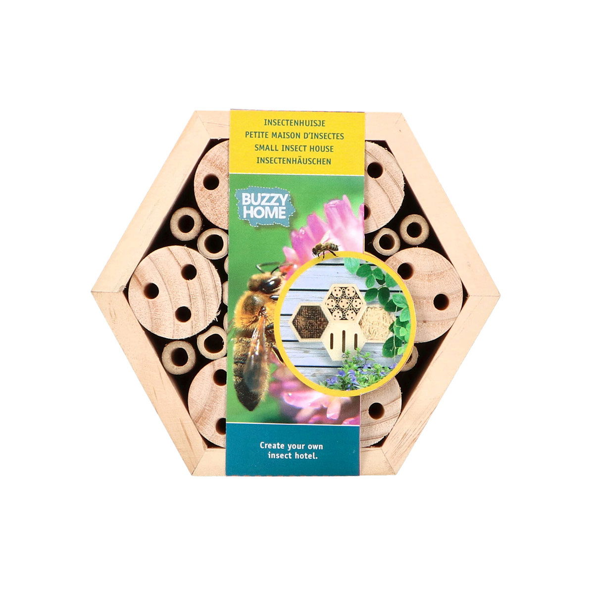 Lille sekskantet insektshotel i lyst træ