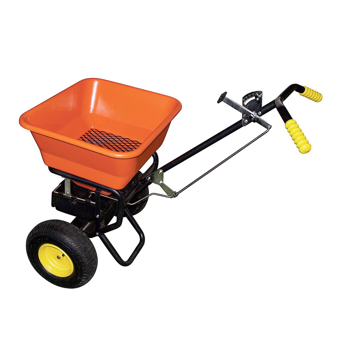 Manuel gødningsspreder med hjul og orange beholder