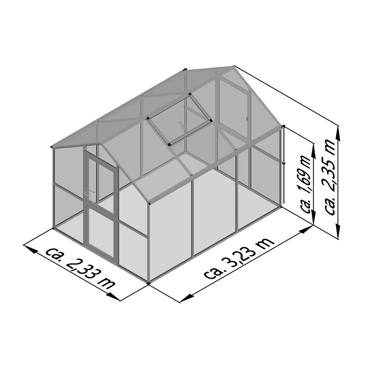 Tegning af drivhus med mål 3,23 x 2,33 x 2,35 m