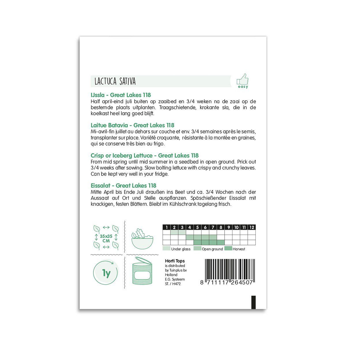 Bagside af frøpose til hovedsalat Great Lakes 118