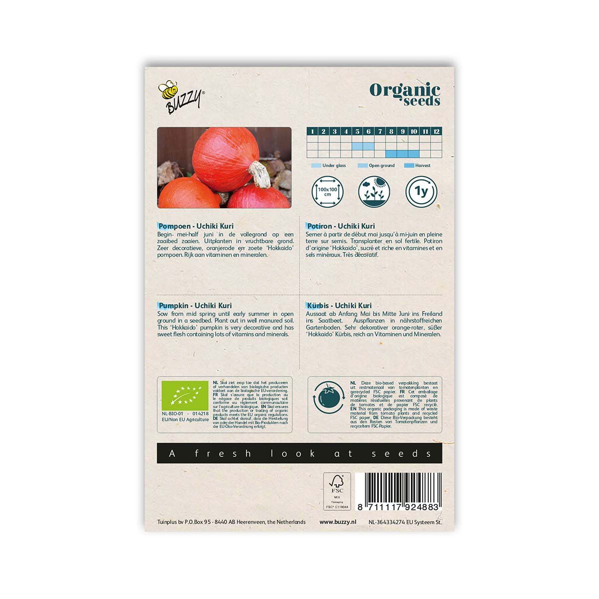 Buzzy økologiske Uchiki Kuri græskarfrø bagside