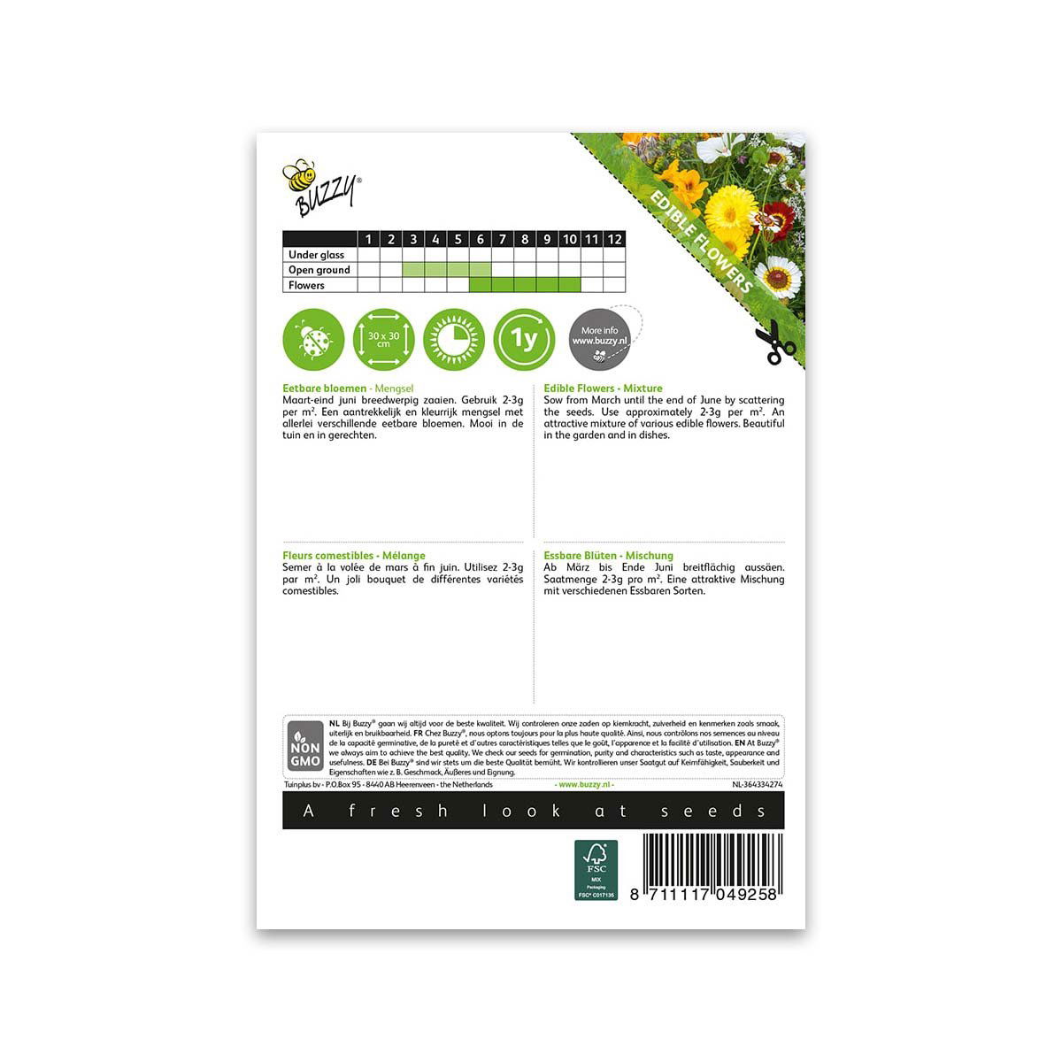 Bagside af Buzzy frøpose til spiselige blomster