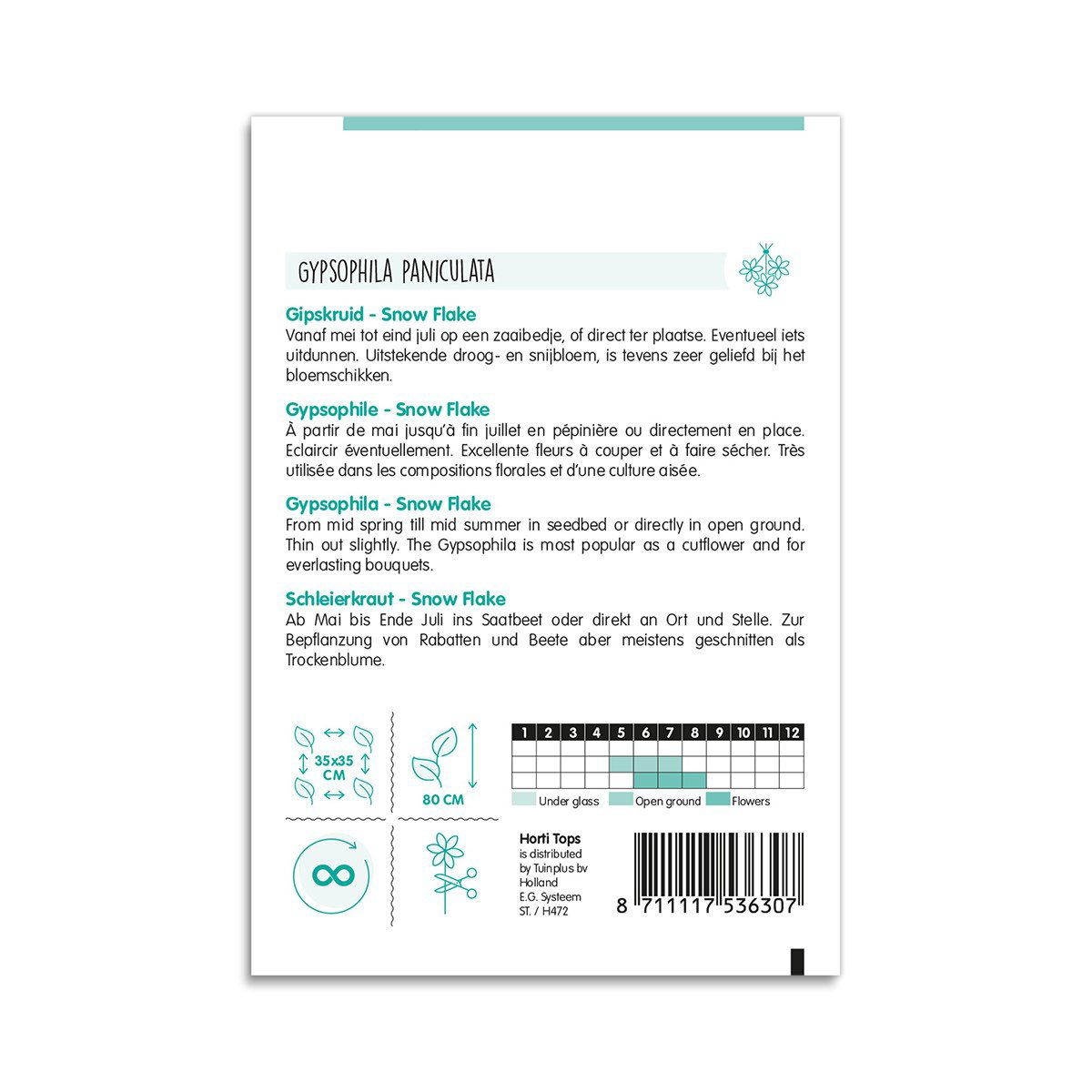 Bagside af Gypsofila Snow Flake frøpose med info
