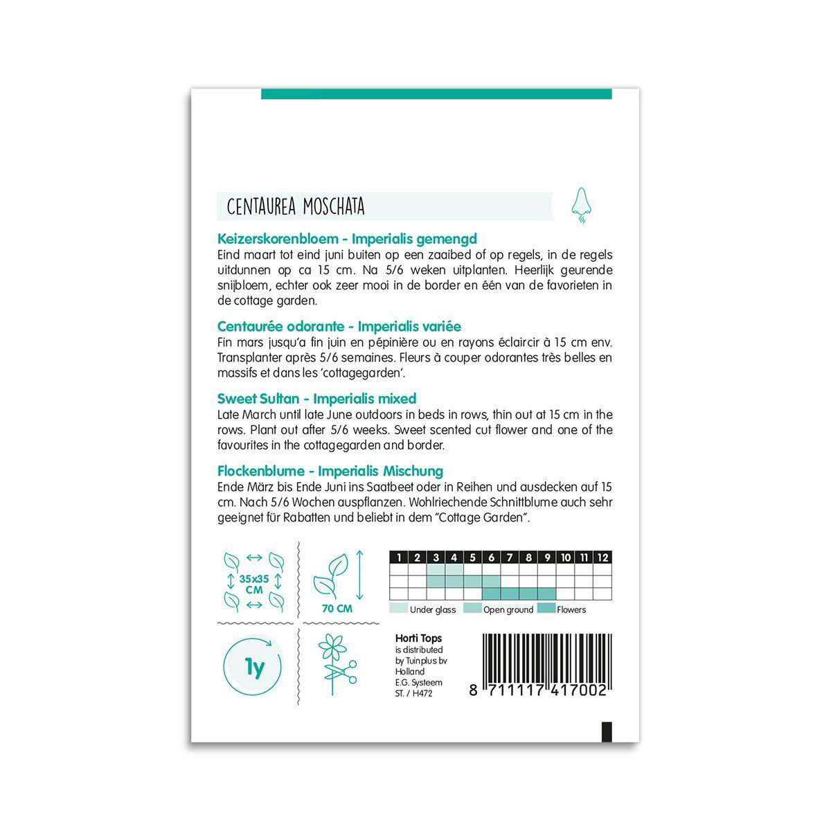 Bagside af Centaurea moschata Imperialis frøpose