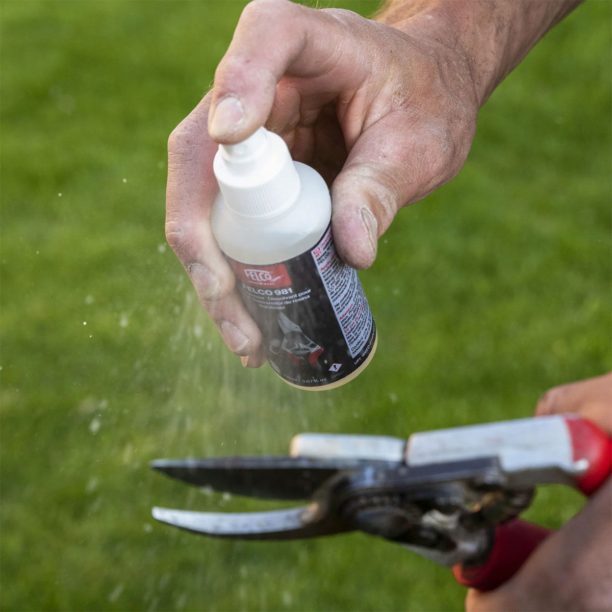 Hånd der bruger Felco rengøringsspray på beskæresaks