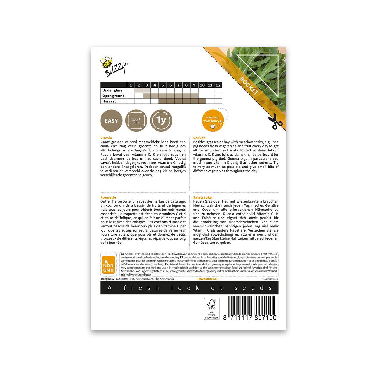 Bagside af Buzzy rucola frøpose til kæledyr