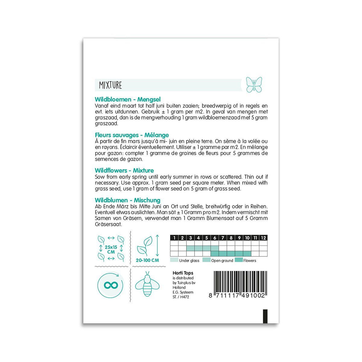 Pose med vildblomstfrø og såanvisninger på bagsiden