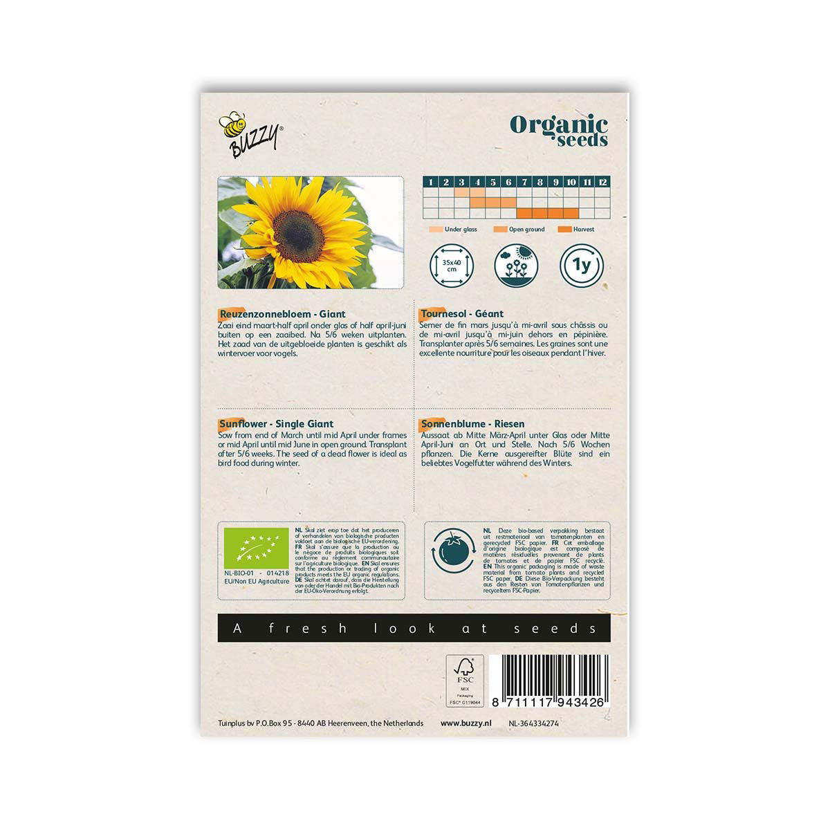 Bagside af Buzzy økologiske solsikkefrø, kæmpe sort