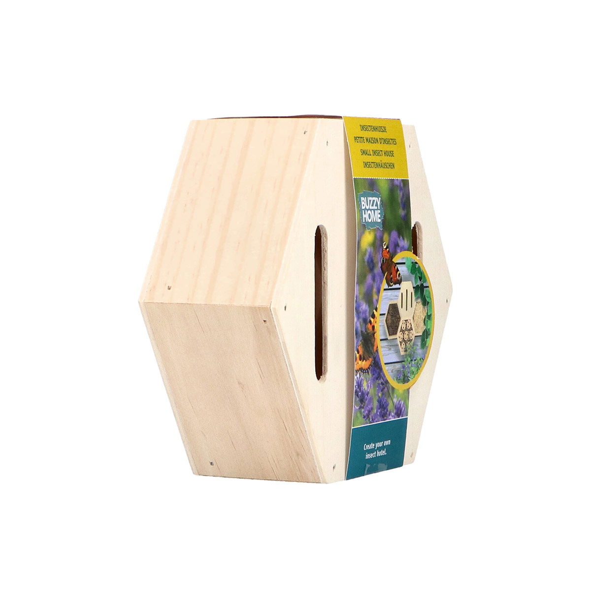 Sekskantet insekthotel i lyst træ til haven