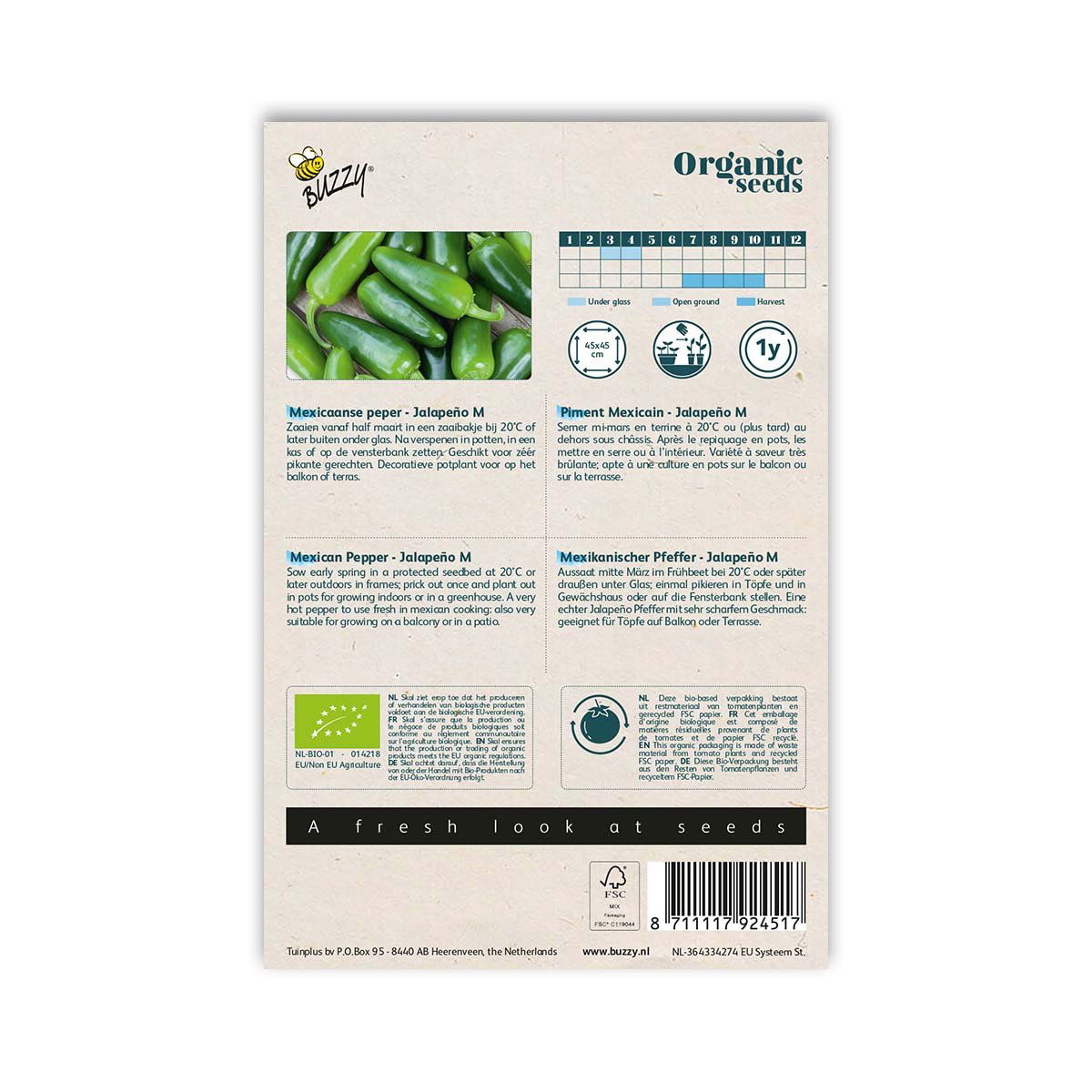 Buzzy økologiske jalapeño frøpose bagside