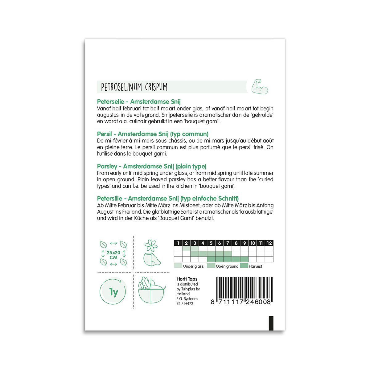 Bagside af frøpose til glatbladet persille Amsterdamse Snij