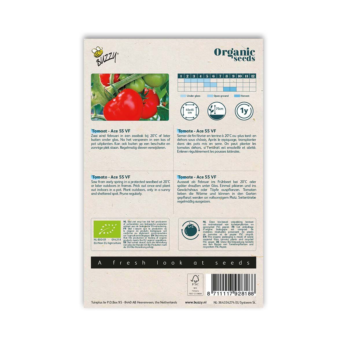 Bagside af pose med økologiske tomatfrø Ace 55 VF