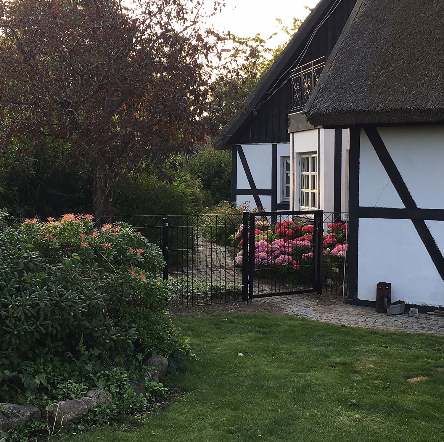 Idyllisk bindingsværkshus med stråtag og blomstrende have