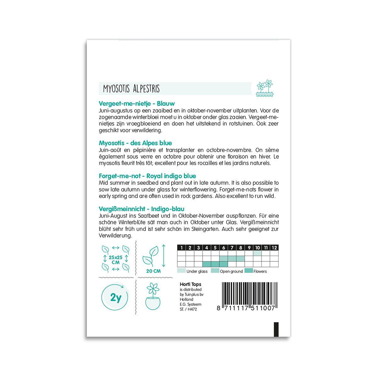 Bagside af pose med Myosotis alpestris frø