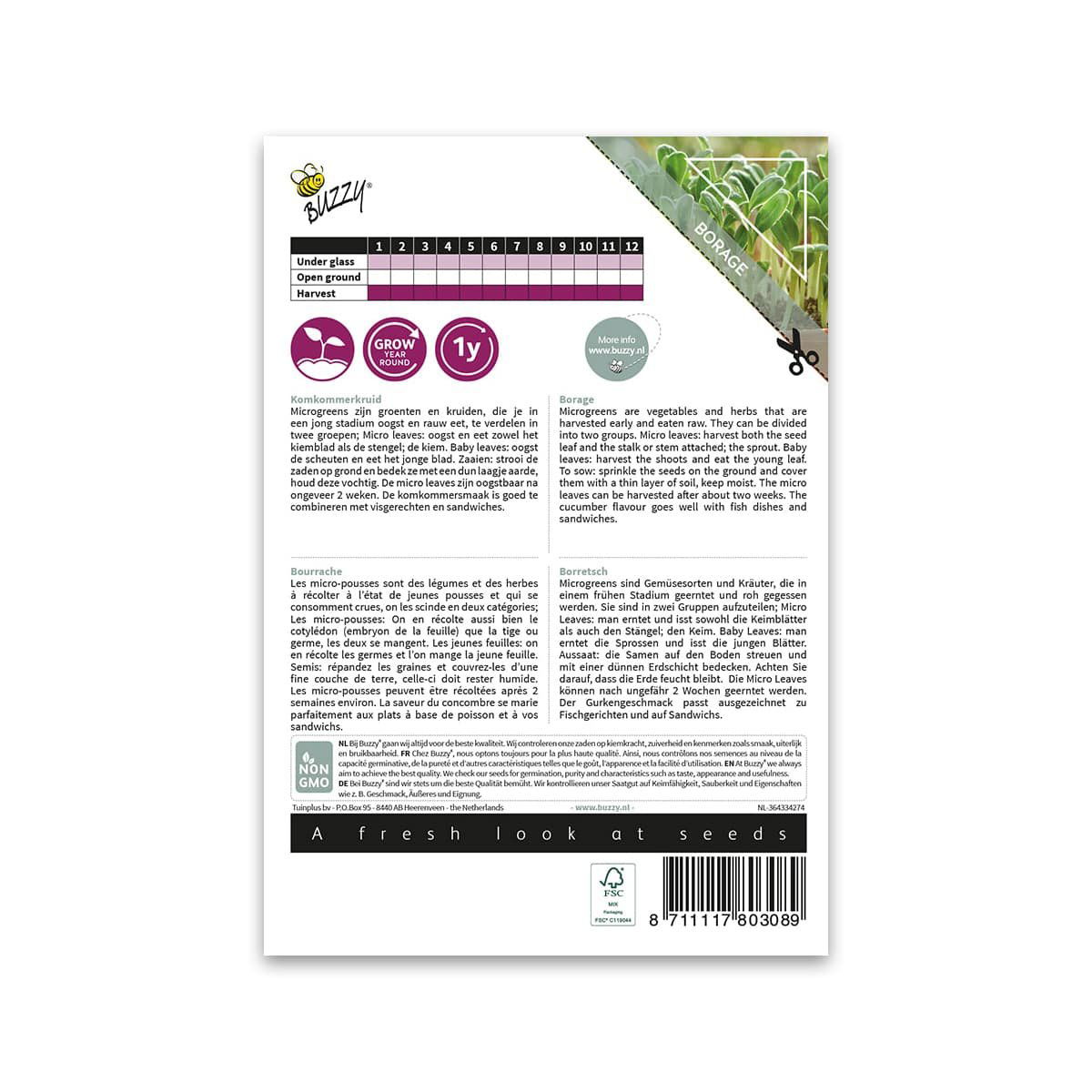 Buzzy agurk mikrogrønt frøpose bagside