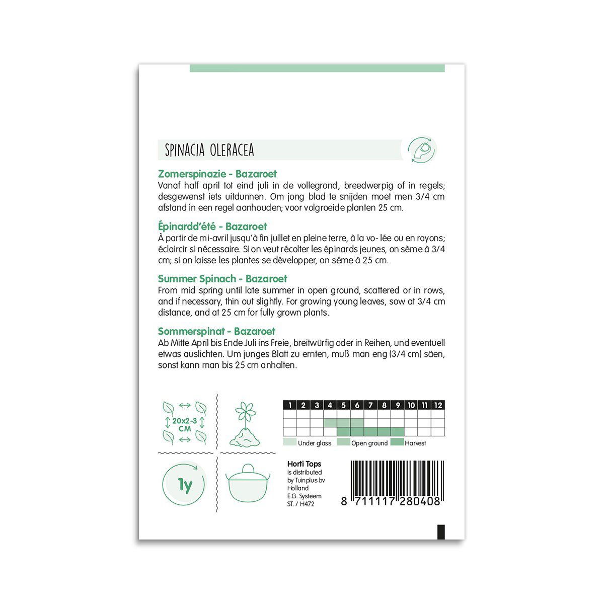 Bagside af sommer spinat frøpose med vejledning