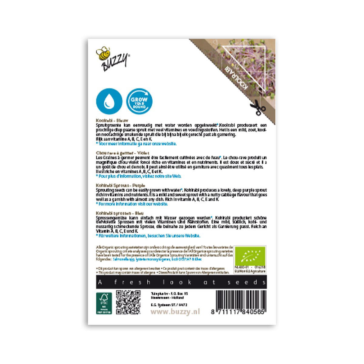 Bagside af Buzzy øko kålrabispires frøpose
