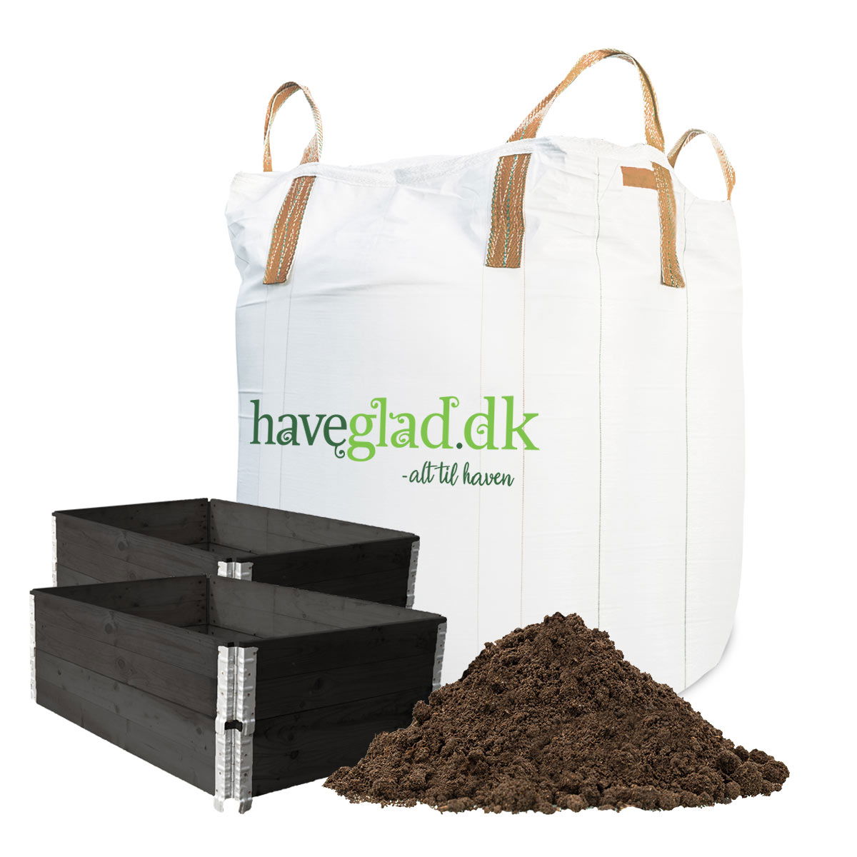 Sort højbedsæt med jord i bigbag