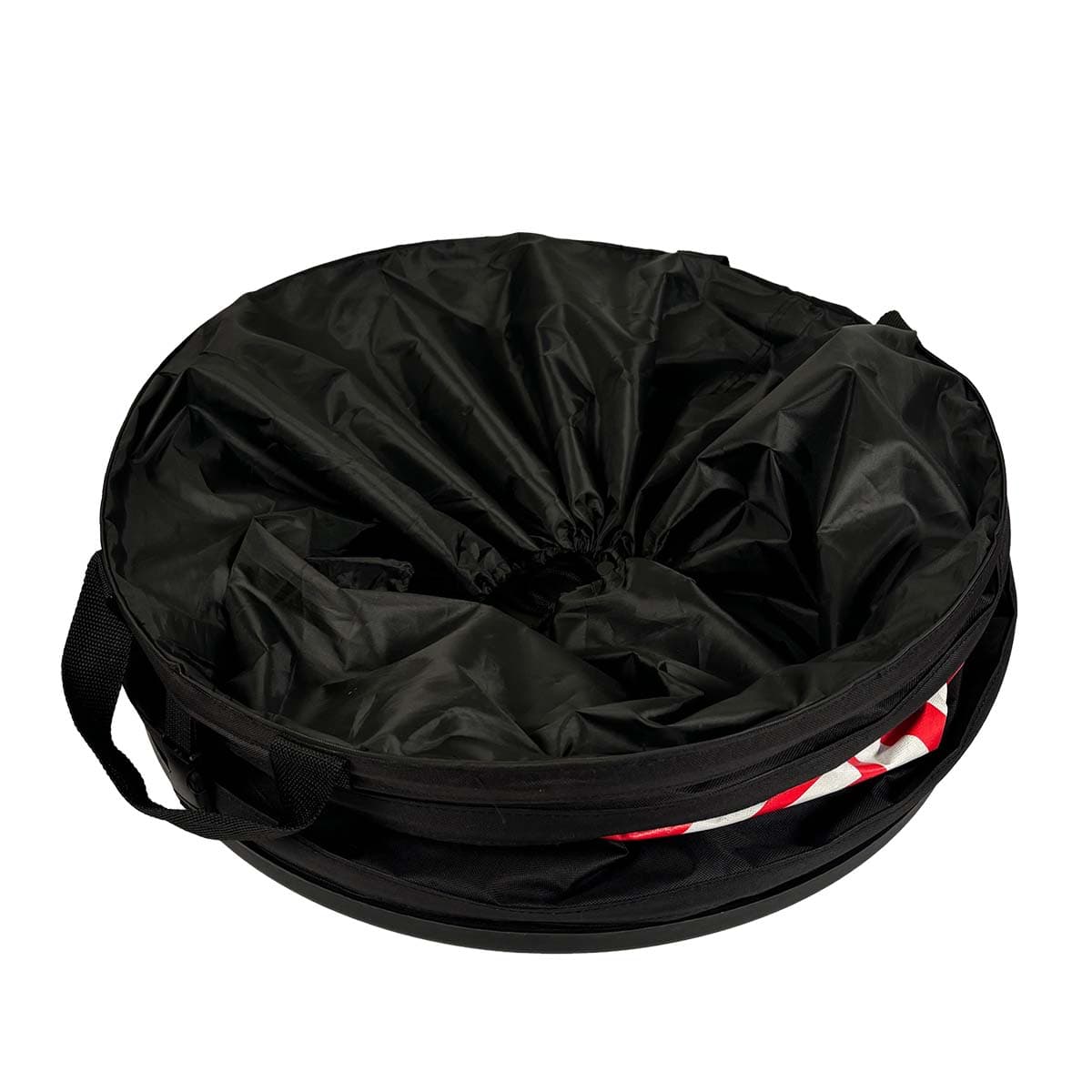 Rund sort opbevaringstaske med håndtag og snøre