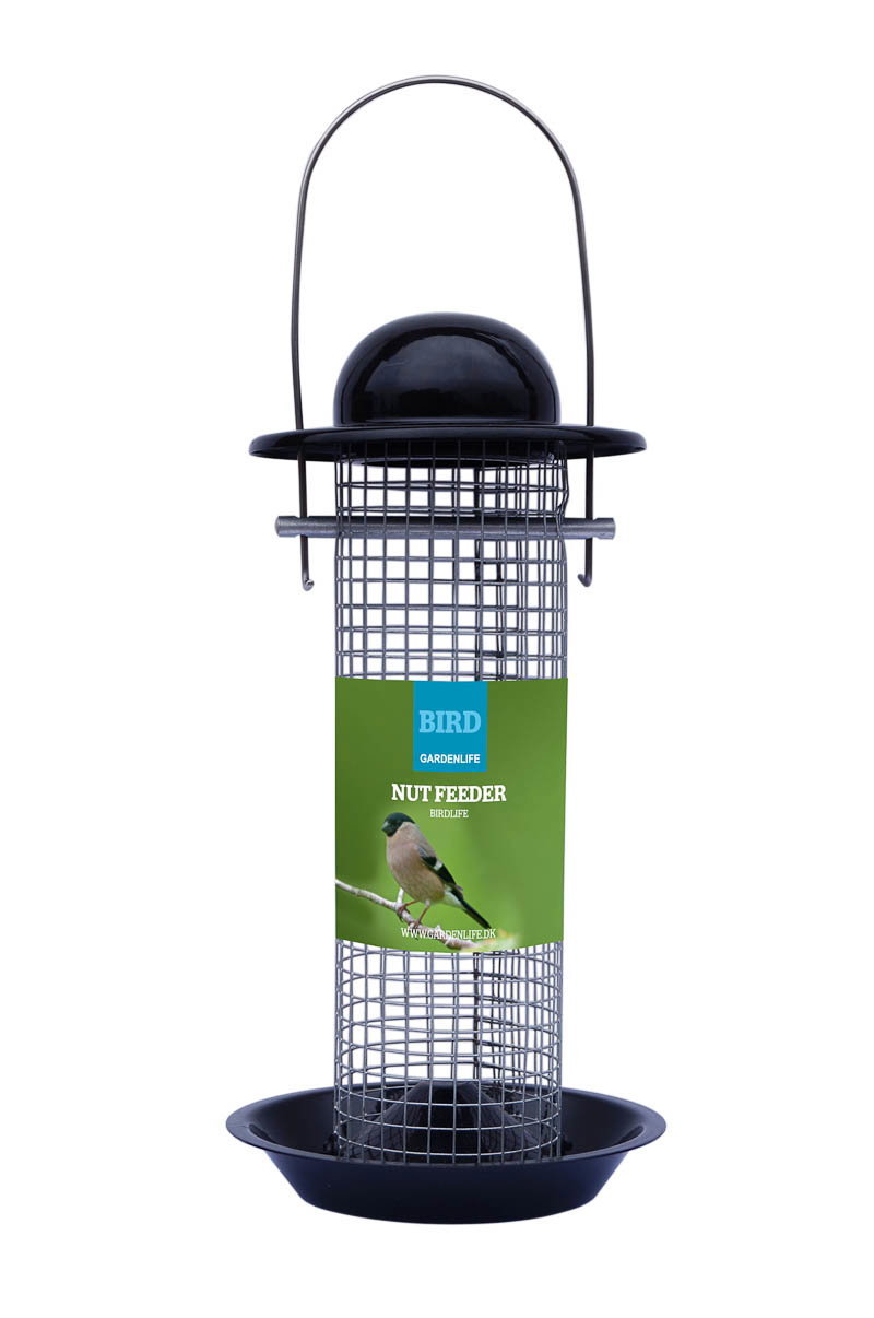 Fuglefoderautomat til nødder, sort metal Sort metal fuglefoderautomat til nødder med bakke