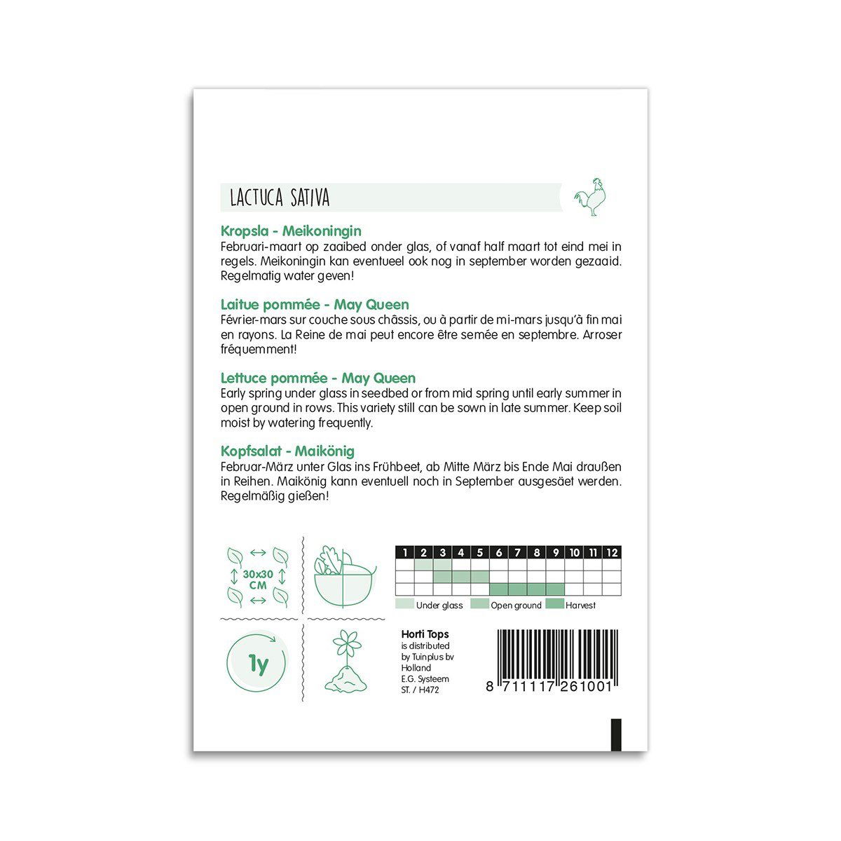 Bagside af pose med May Queen salatfrø og såanvisning