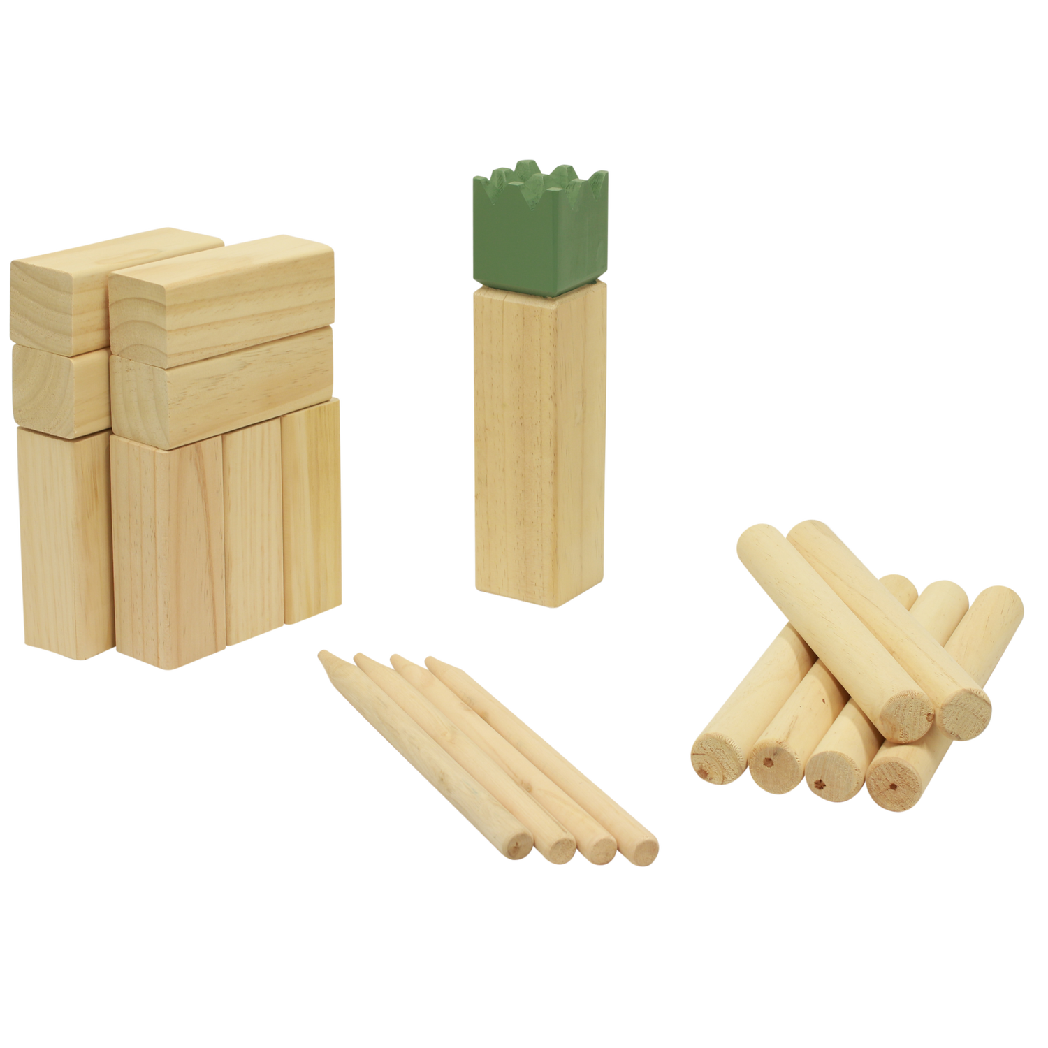 Sæt med træ Kubb spil, konge og kastepinde