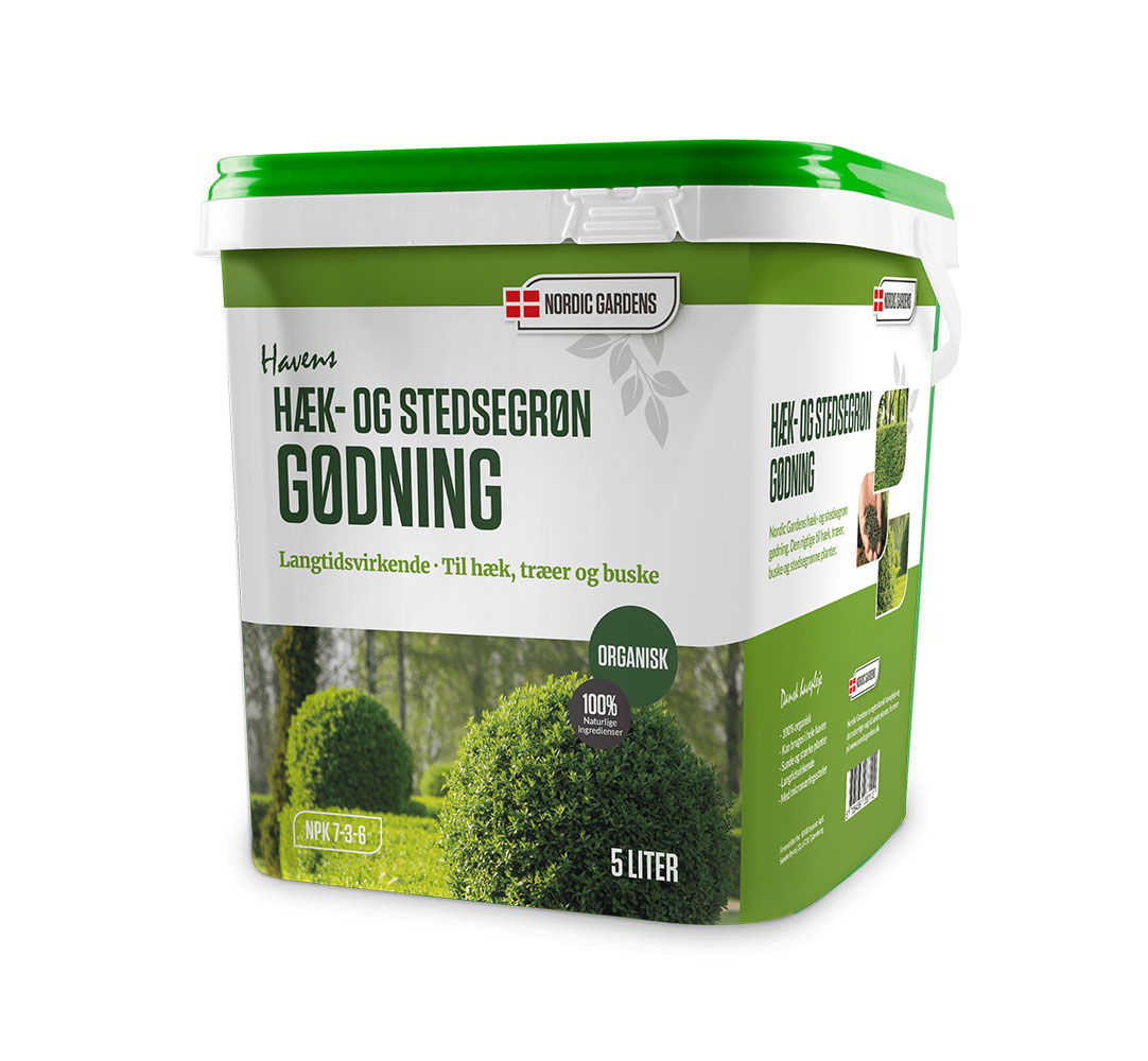 Spand med organisk hæk- og stedsegrøn gødning 5 liter