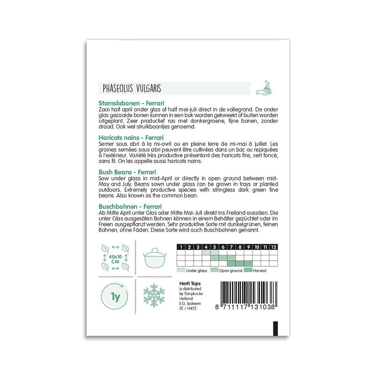 Bagside af frøpose til buskbønner Ferrari med vejledning