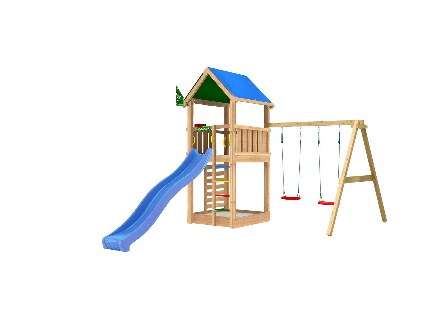 Stort trælegetårn med blå rutsjebane og to gynger