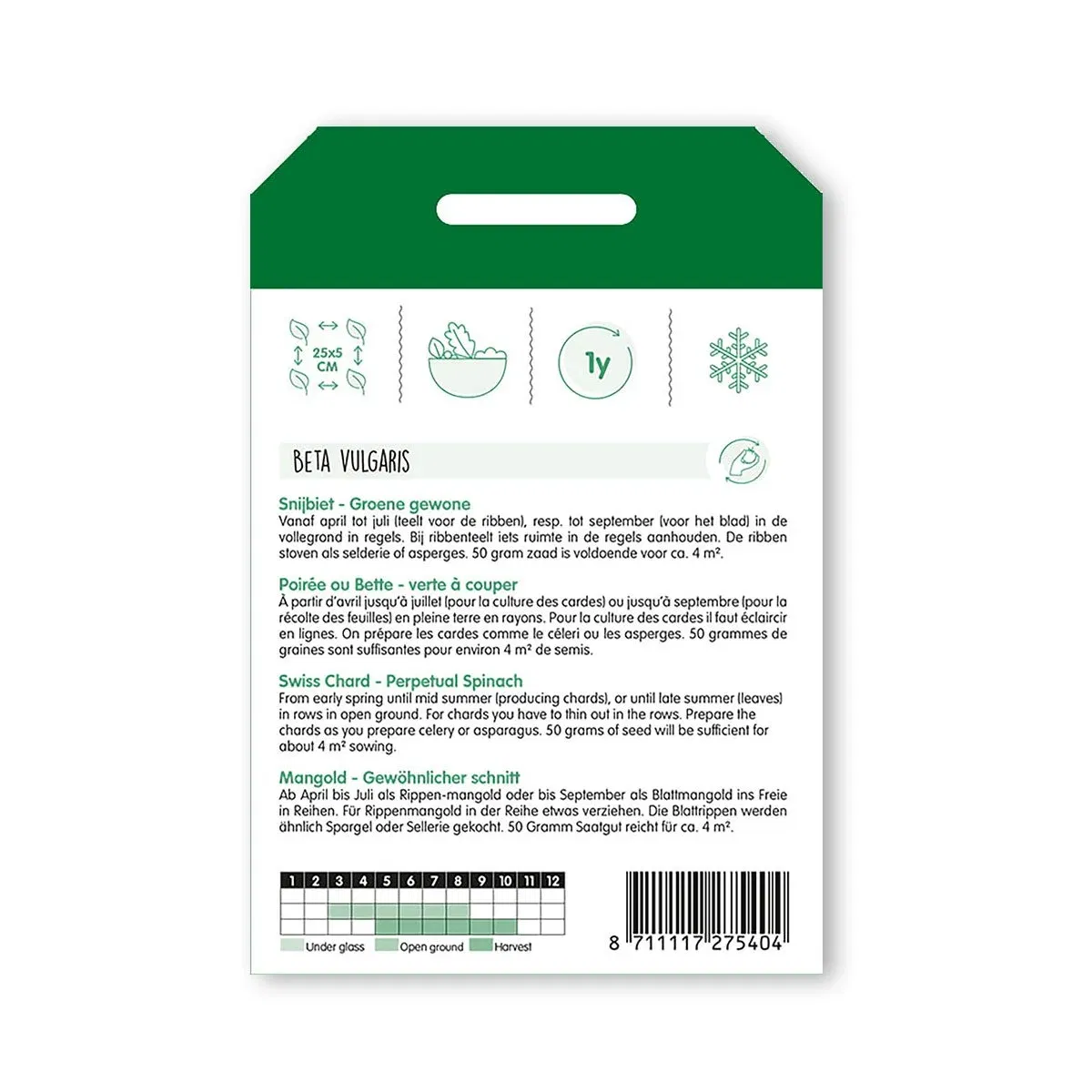 Bagside af frøpose til mangold og evighedsspinat