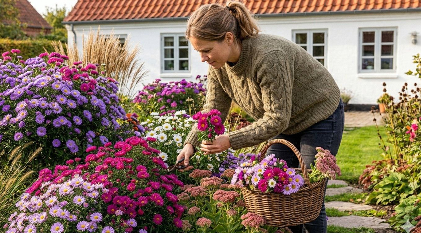 Kvinde i striktrøje klipper farverige asters i en blomstrende have og lægger dem i en fletkurv med hvidt hus i baggrunden