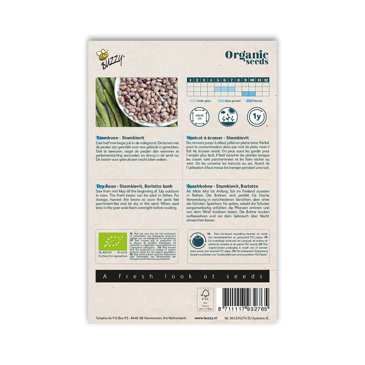 Bagside af pakke med økologiske Borlotto buskbønnefrø