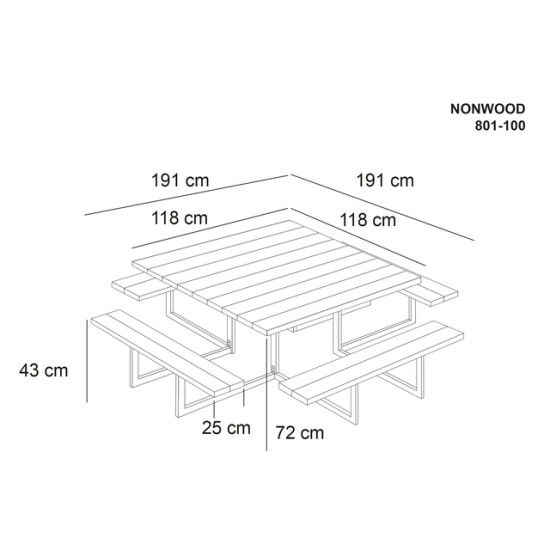 Tegning af kvadratisk nonwood picnicbord med mål