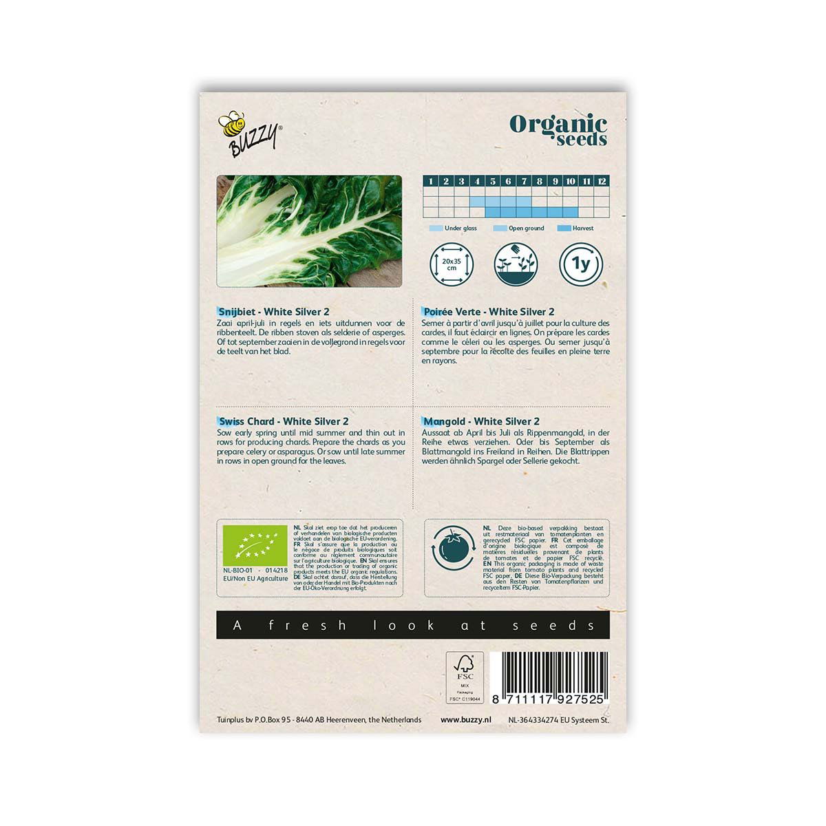 Bagside af økologiske bladbede White Silver 2 frøposer