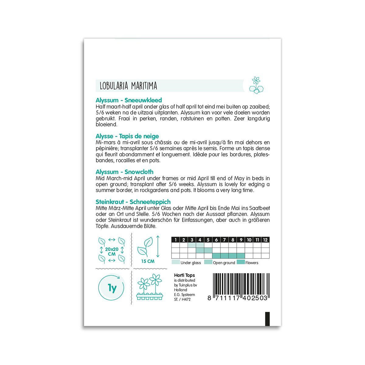 Bagside af Lobularia maritima frøpose med dyrkningsinfo