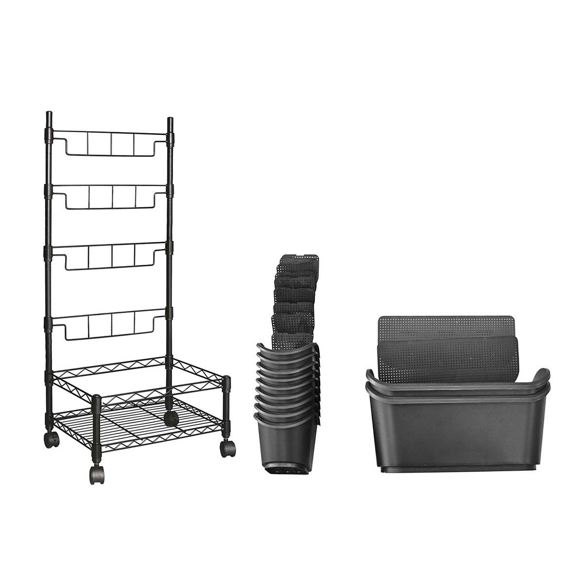 Sort metal plantestativ på hjul med sorte potter