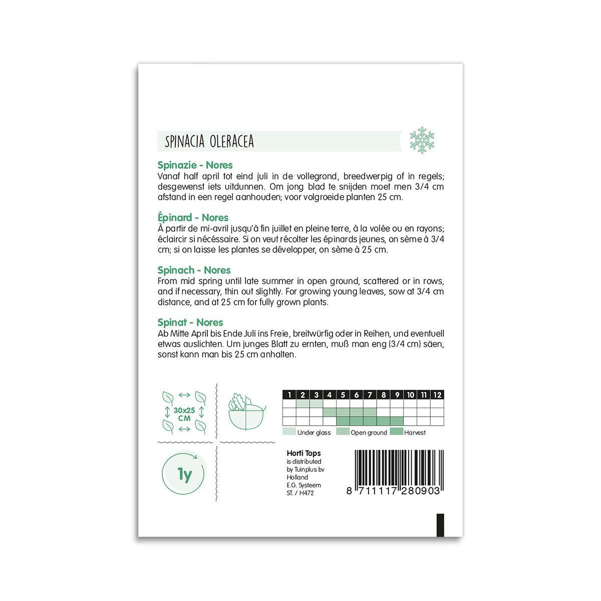 Bagside af frøpose til spinat Nore med vejledning