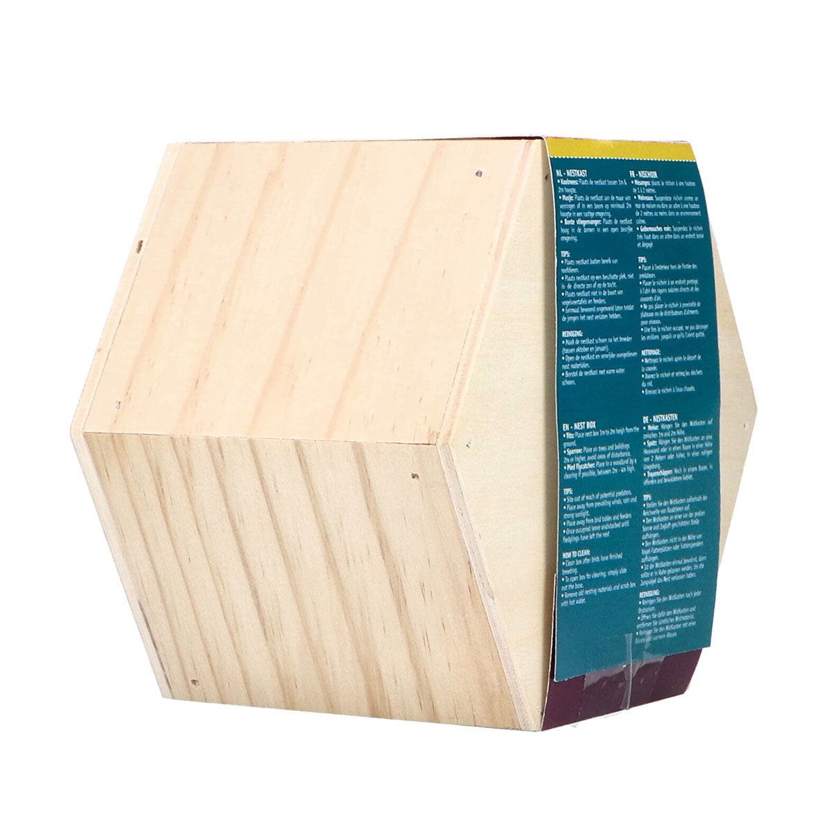 Sekskantet træ redekasse med informationsetiket