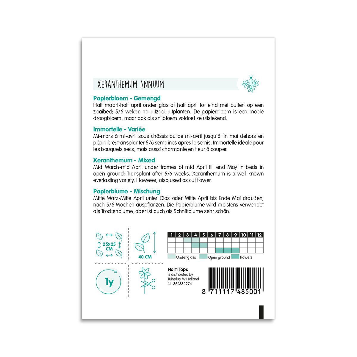 Bagside af pose med Xeranthemum annuum frøinformation