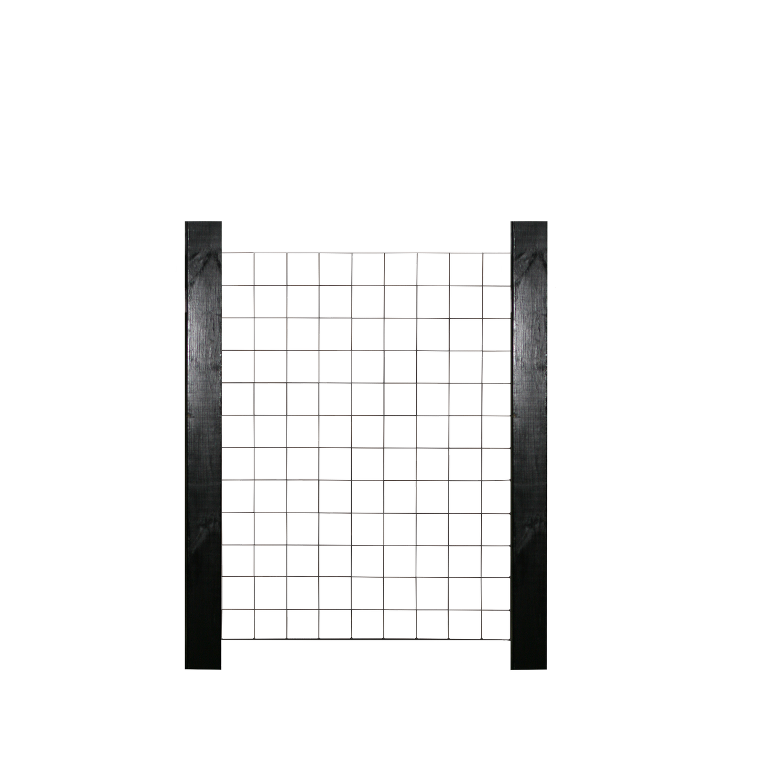 Sort havelåge i træ med kvadratisk metalgitter