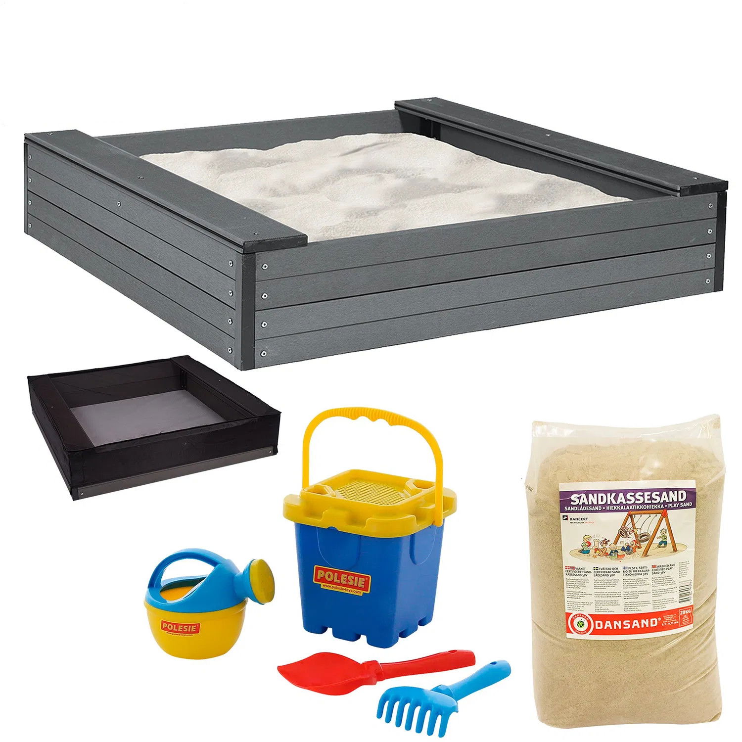 Nordic Play Sandkasse med sæde 24 x 120 x 120 cm WPC inkl. net, 240 kg sand og blåt strandsæt - 805-736