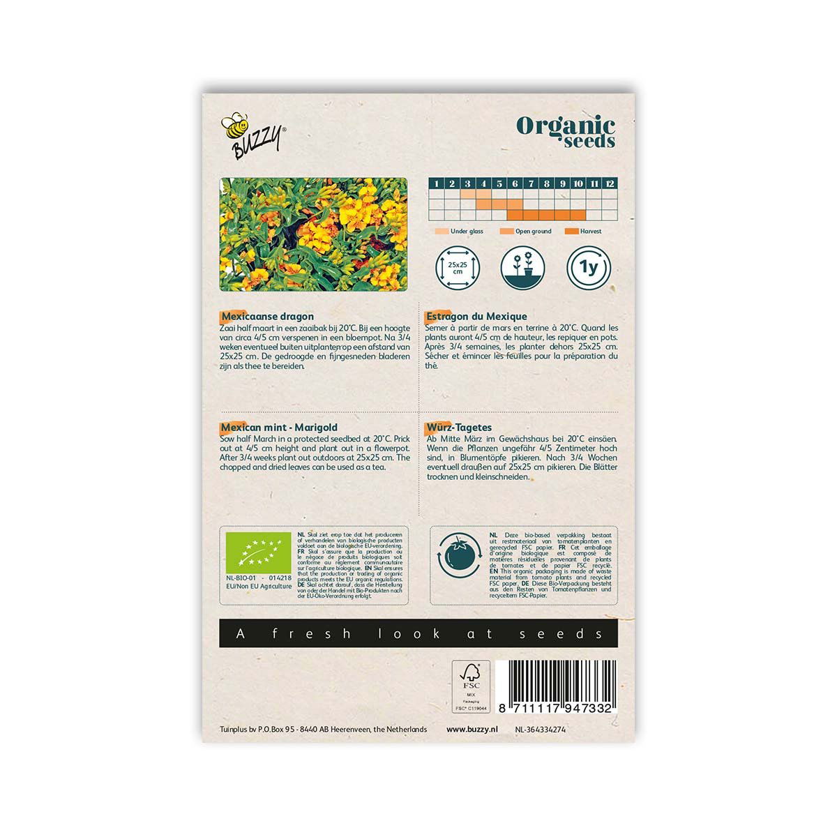 Bagside af pakke med økologiske mexicansk mynte-tagetes frø