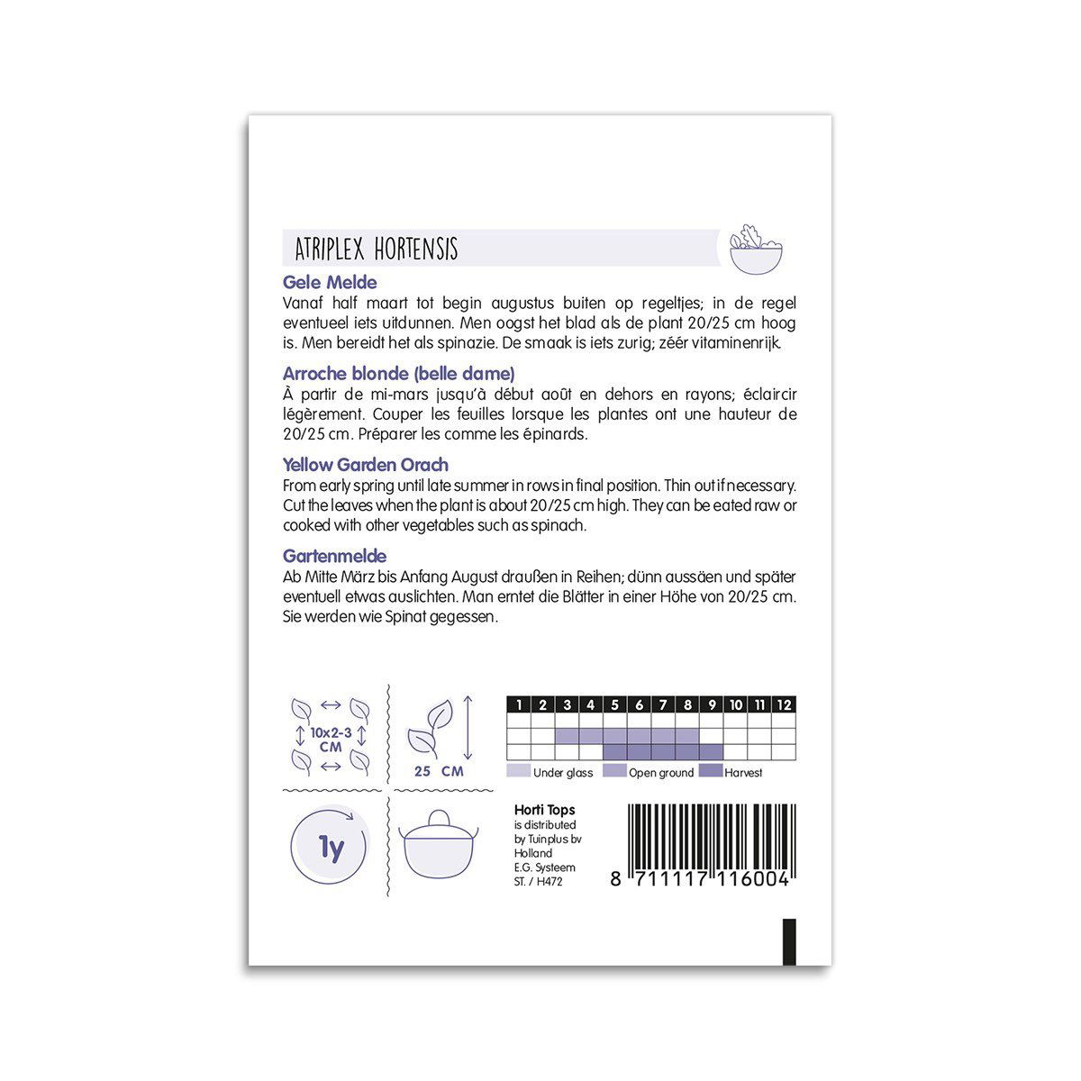 Bagside af frøpose til Atriplex hortensis, gul have-mælde